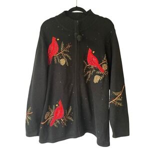 Quacker Factory Womens Cardigan 1X Black Cardinal Bird Embellished Full Zip